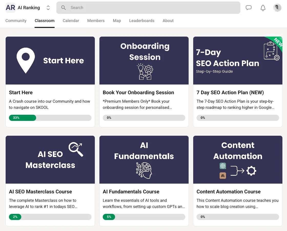 AI Ranking Skool classroom: Start Here, Onboarding, 7-Day SEO Action Plan, AI SEO Masterclass, AI Fundamentals and Content Automation courses