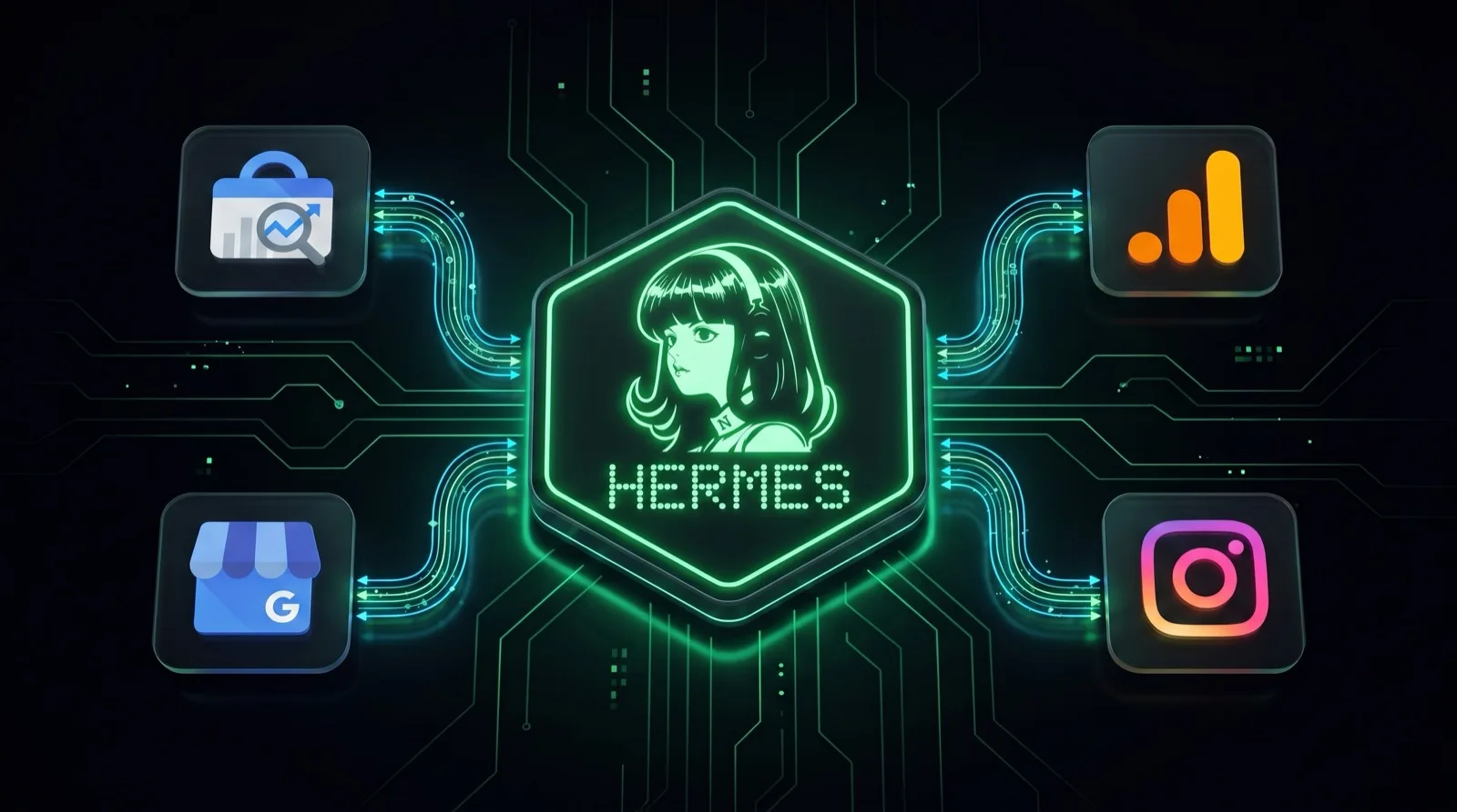 Diagram with the Hermes Agent mascot glowing in a central hexagon, and Google Search Console, Google Analytics, Google Business Profile and Instagram connected to it by glowing data streams