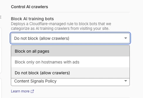 Cloudflare's Control AI crawlers setting, showing the Block AI training bots dropdown with options Block on all pages, Block only on hostnames with ads, and Do not block (allow crawlers)