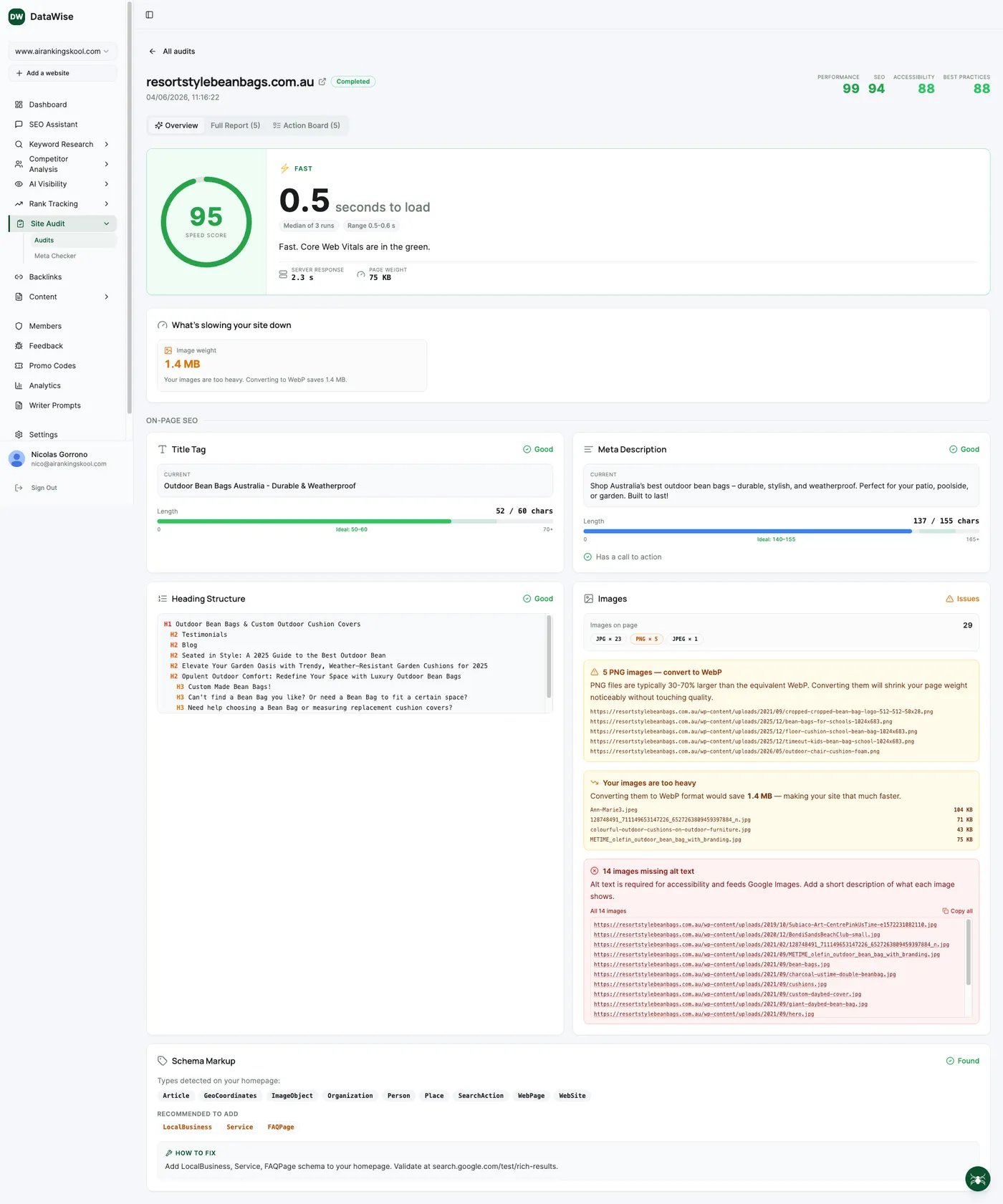 A DataWise Site Audit report showing a 95 speed score, a 0.5 second load time, an image-weight warning, on-page SEO checks for title, meta and headings, an images audit, and detected schema markup