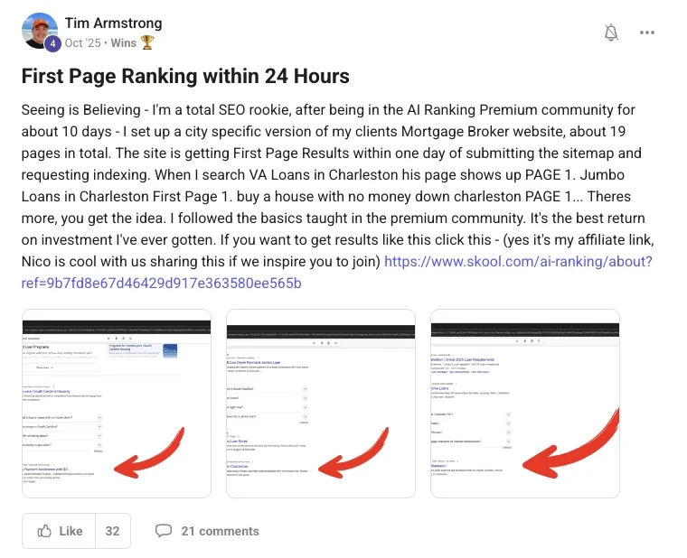 Tim Armstrong community post: First page ranking within 24 hours after joining the AI Ranking community, 32 likes and 21 comments.