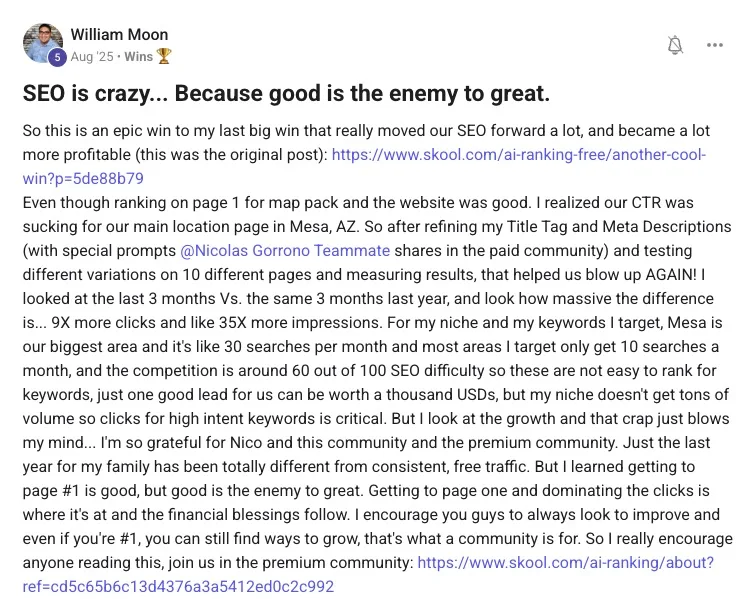 William Moon community post: 9X more clicks and 35X more impressions after refining title tags and meta descriptions for his Mesa, AZ location page.