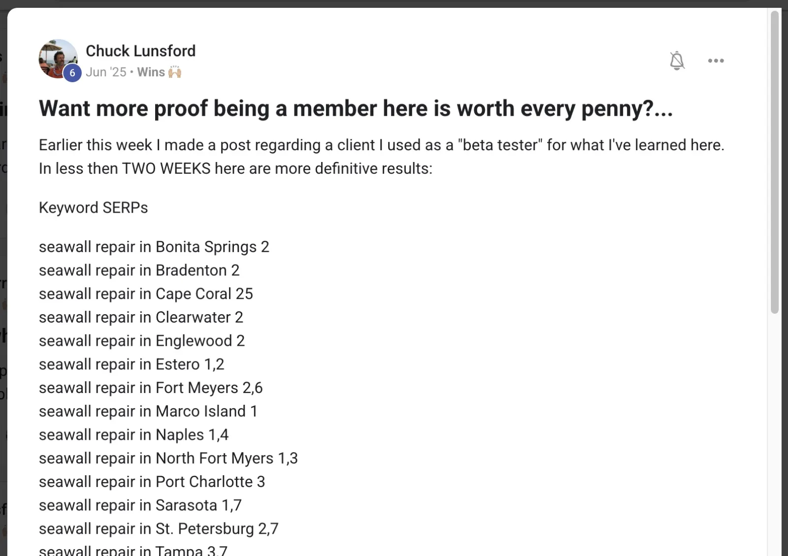 Chuck Lunsford win post, dozens of keywords ranking page 1