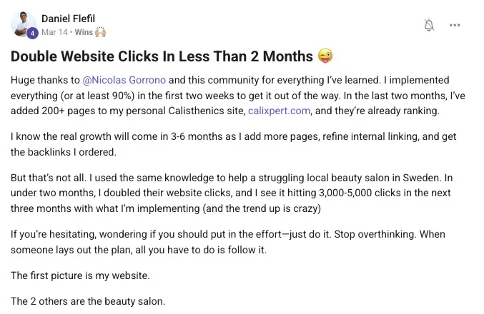 Daniel Flefil win post, doubled website clicks