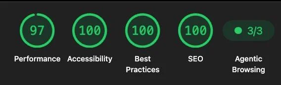 Lighthouse audit results showing 97 performance, 100 accessibility, 100 best practices, 100 SEO and 3 out of 3 agentic browsing