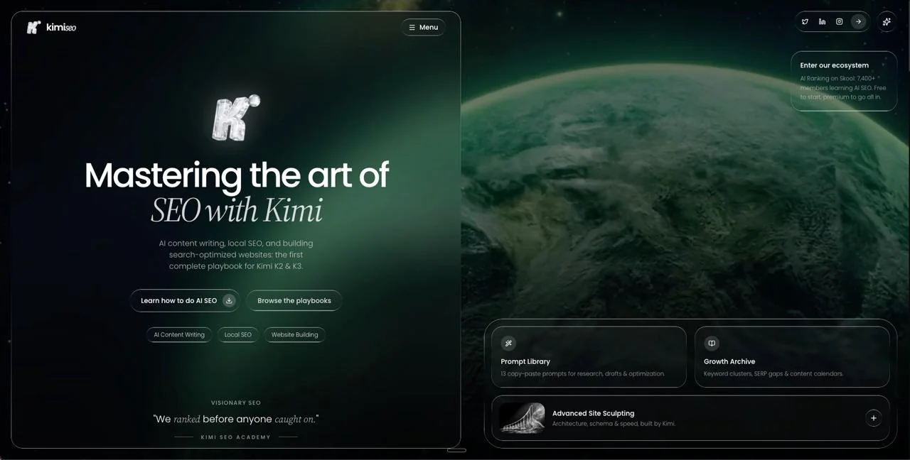 Homepage built with Kimi K3 for the Kimi SEO project