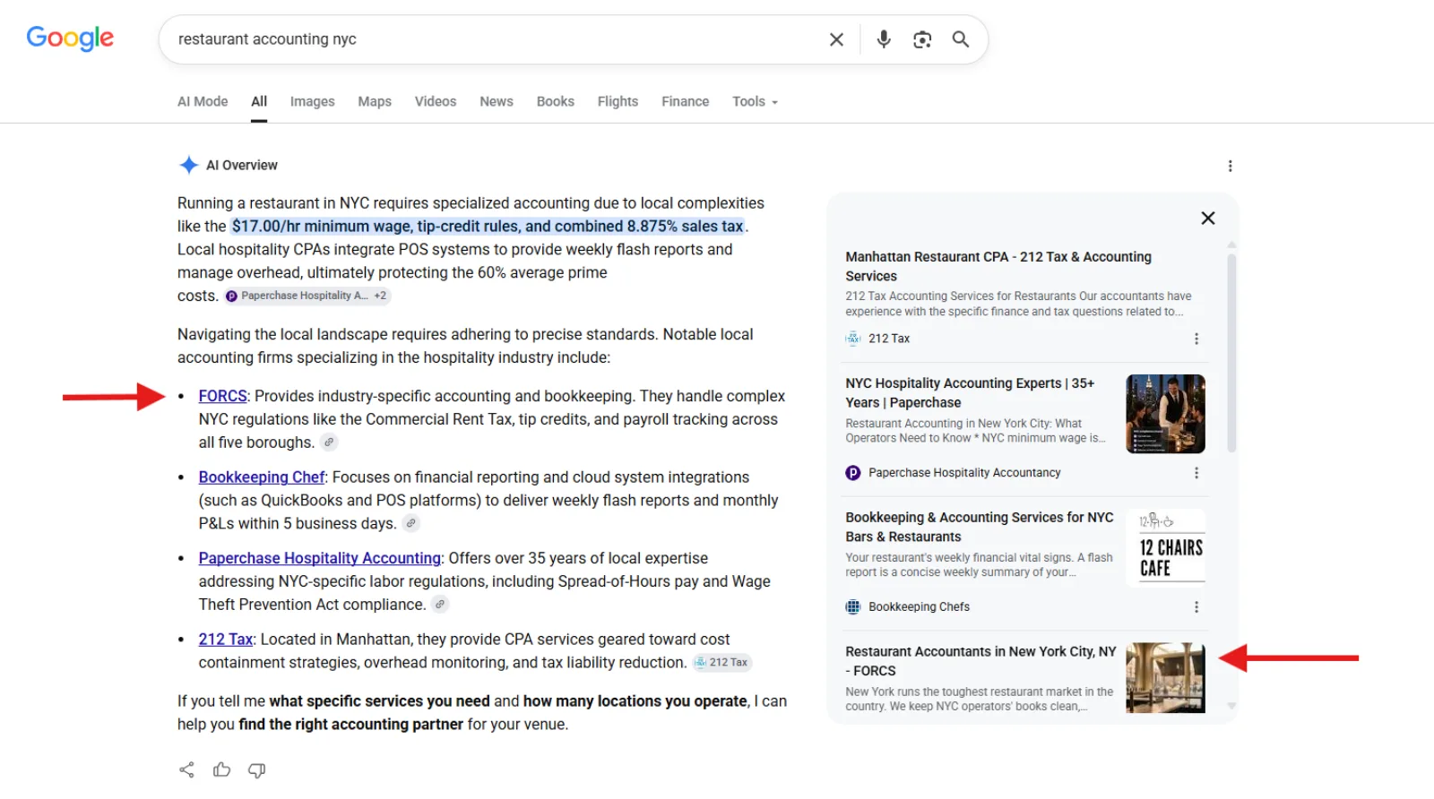 Google AI Overview for restaurant accounting nyc listing FORCS first among notable local firms