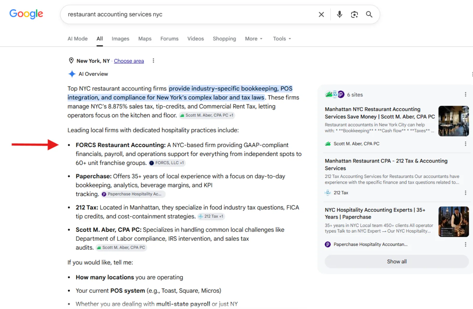 Google AI Overview for restaurant accounting services nyc with FORCS Restaurant Accounting as the first listed firm