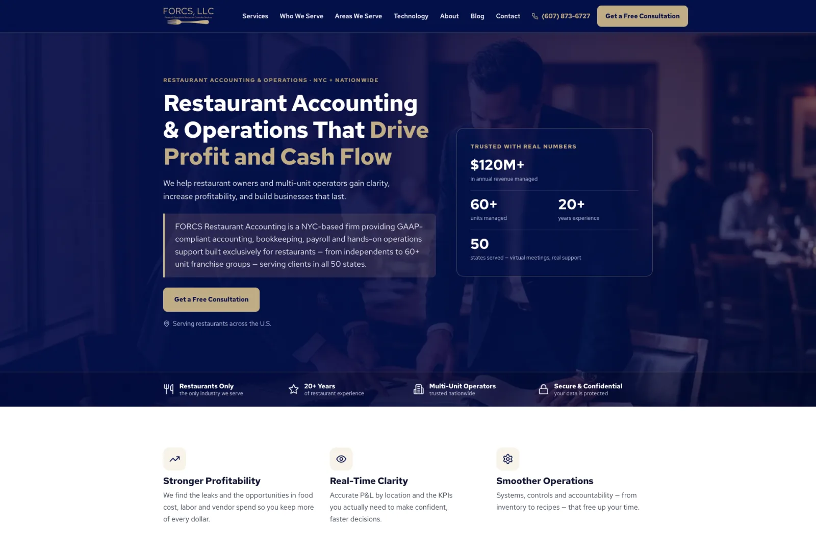 The new FORCS homepage with clear restaurant accounting positioning, real numbers and a defined entity paragraph