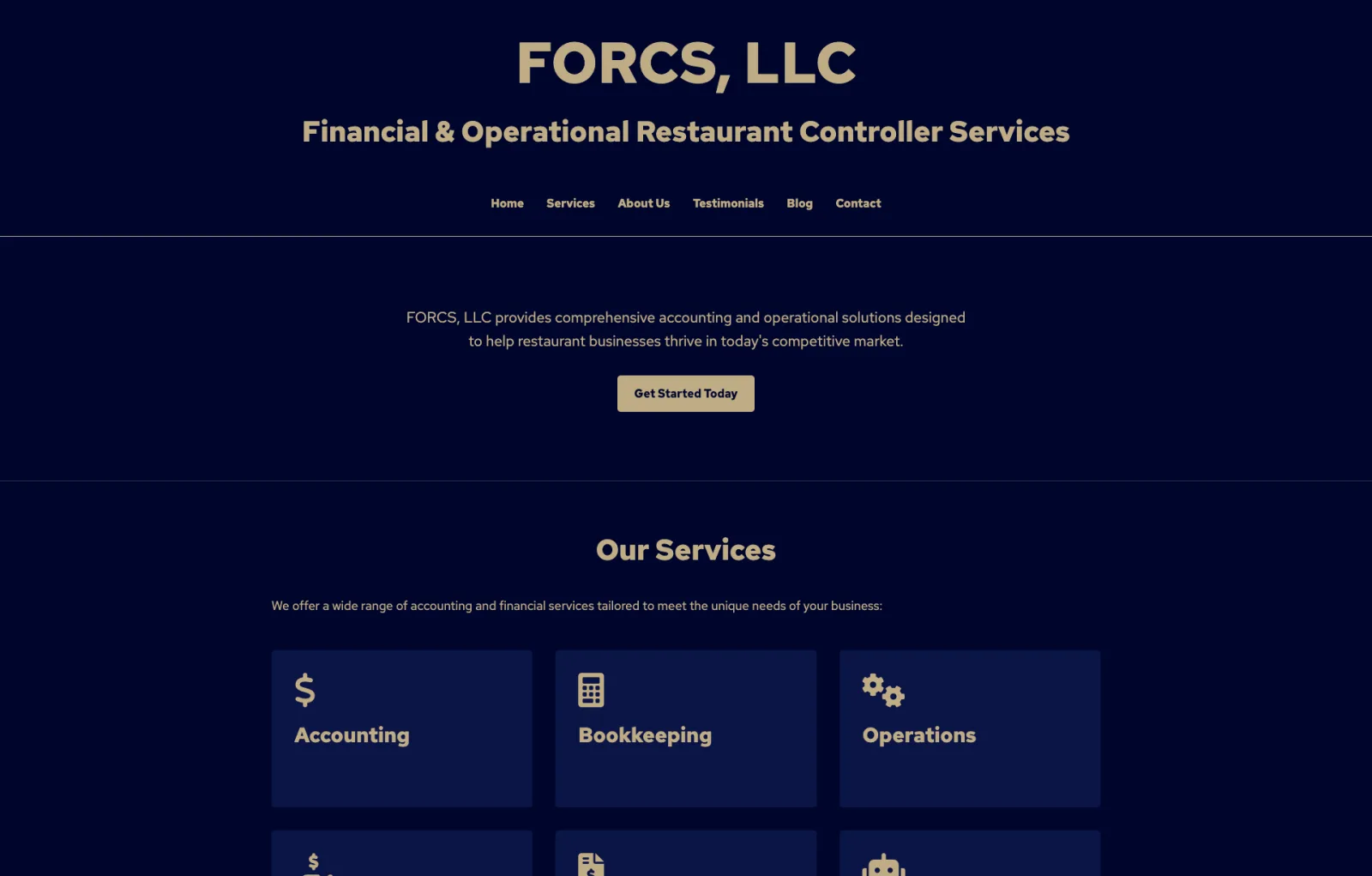 The old FORCS one-page website with a generic hero and all services listed on the homepage